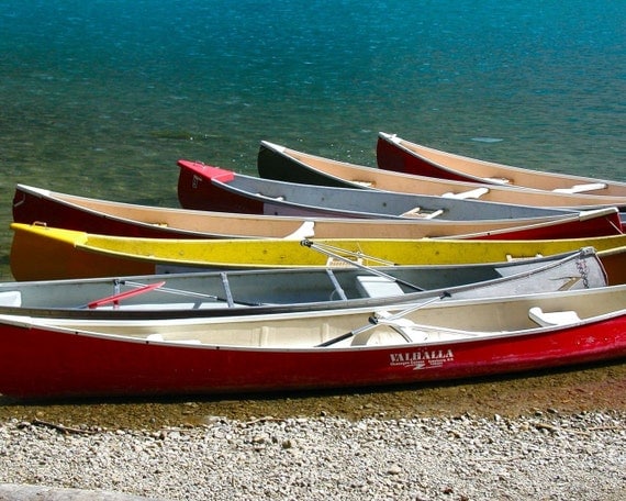 Boat Print - Canoes in Banff - Lake House Home Decor - Colorful Photo - Nautical Decor - Turquoise Red Yellow - 8 x 10 Photograph - Canadian