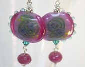 Earrings in Purple and Fuchsia - Handmade Lampwork, Sterling Silver, Tourmaline and Swarovski Crystals