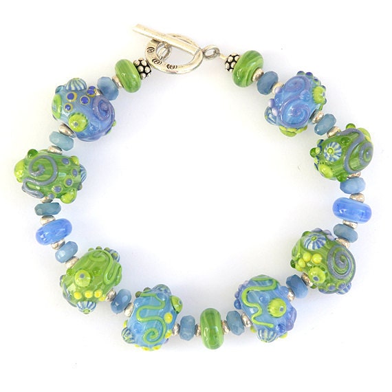 Bracelet in Blue and Green - Handmade Lampwork, Sterling Silver and Gemstones