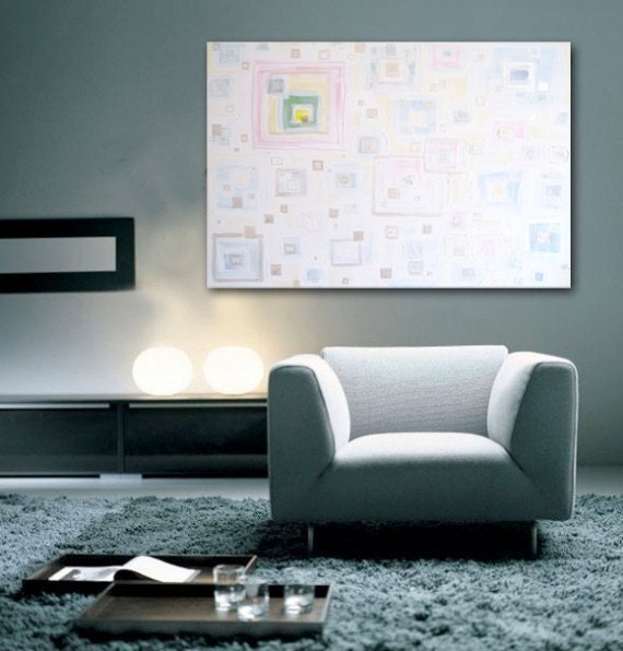 SALE - Large Abstract Acrylic Painting Original Fine Art 40"x30" - geometric white easter pastel