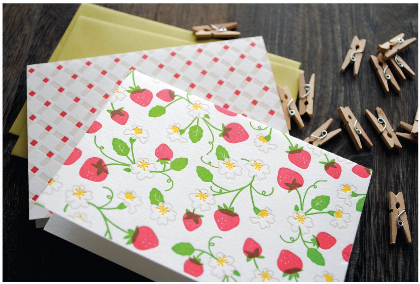 Letterpress Thank You Cards - Strawberry Quilt  - Set of 6 (six)