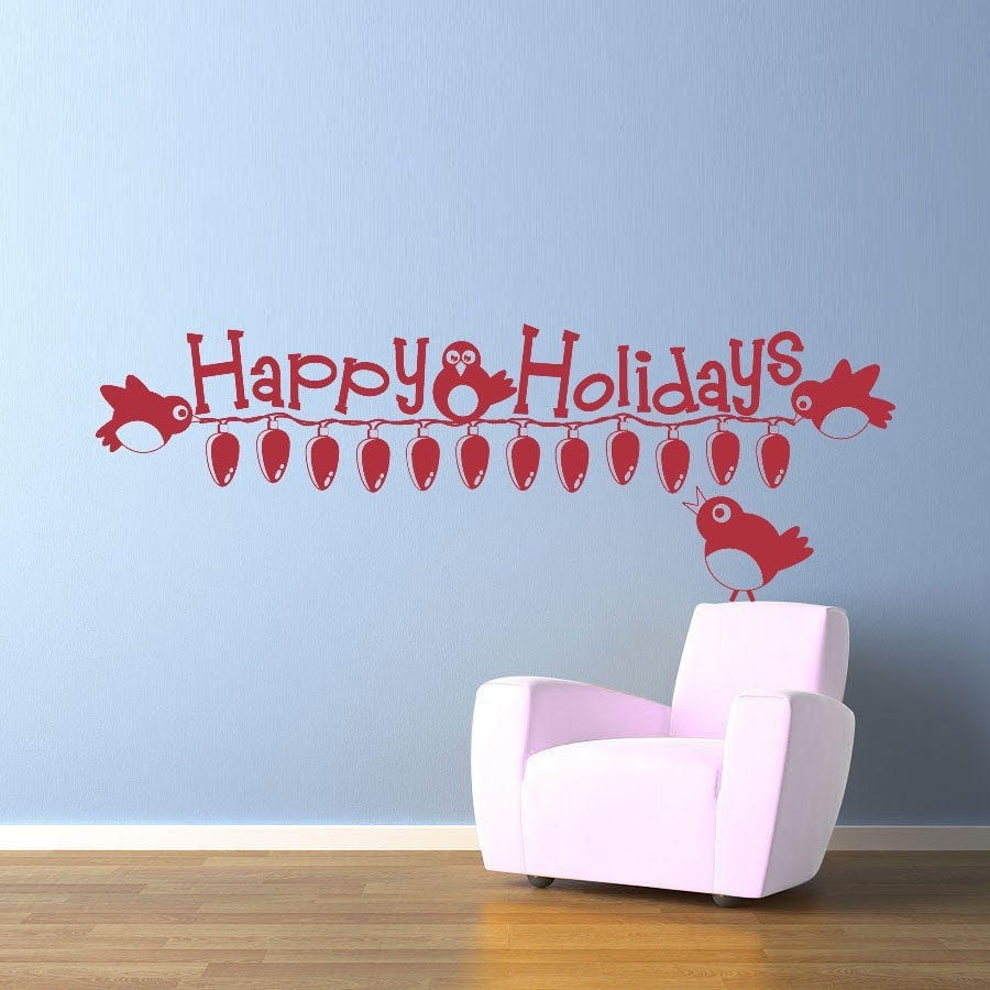 Vinyl Wall Decal Sticker Art - Happy Holidays Birds - Christmas Decoration