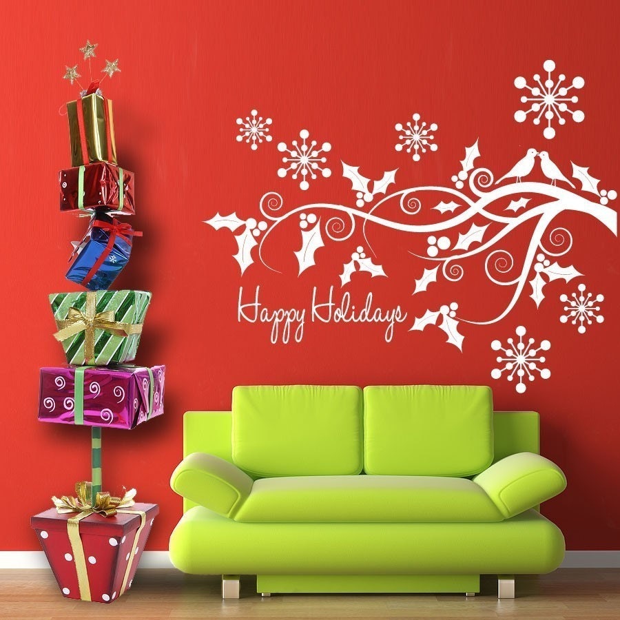 Vinyl Wall Decal Sticker Art - Happy Holidays in the Woods - Christmas Decoration - One color version