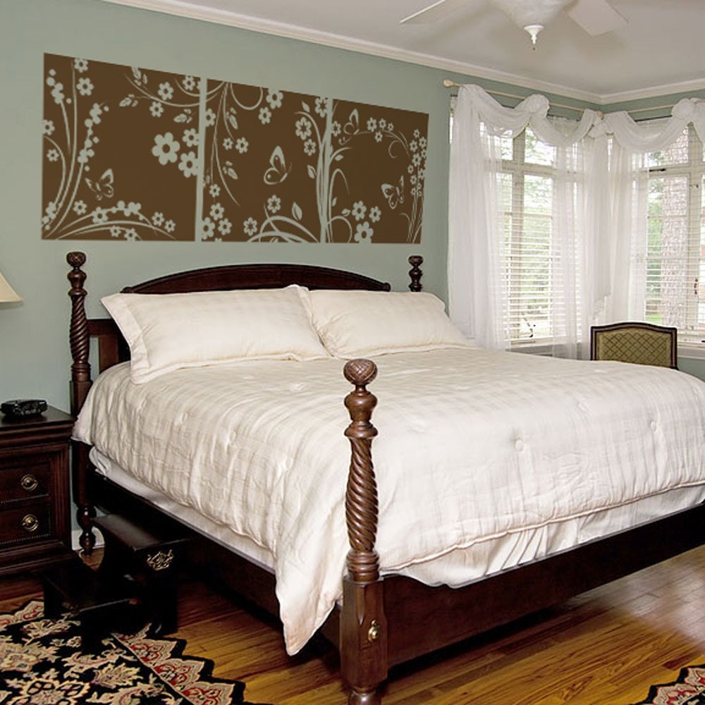 Vinyl Wall Decal Sticker Art - Whimsical Three Panel Floral and Butterfly Motif - extra large