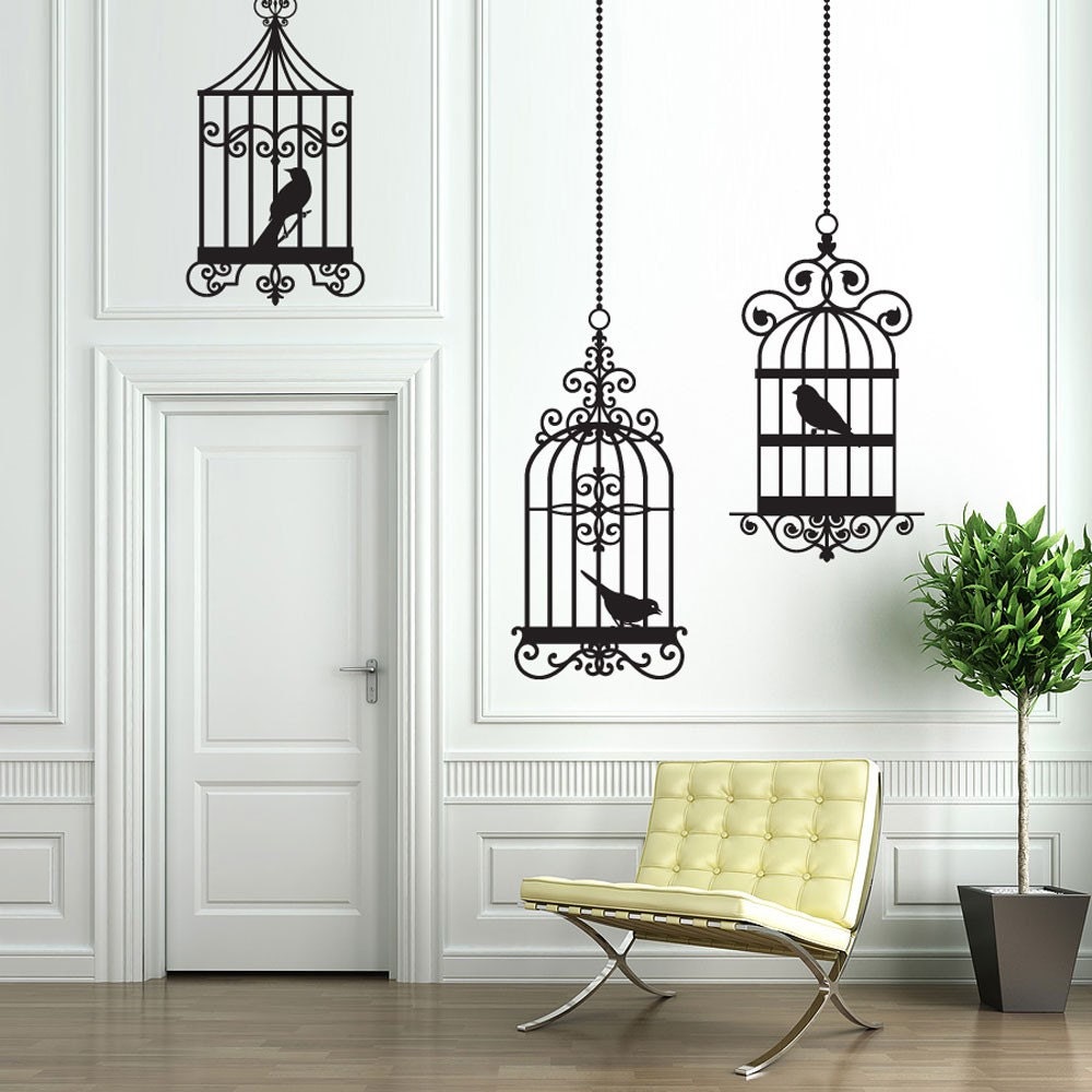 Vinyl Wall Decal Sticker Art - Trio of Whimsical Birdcages