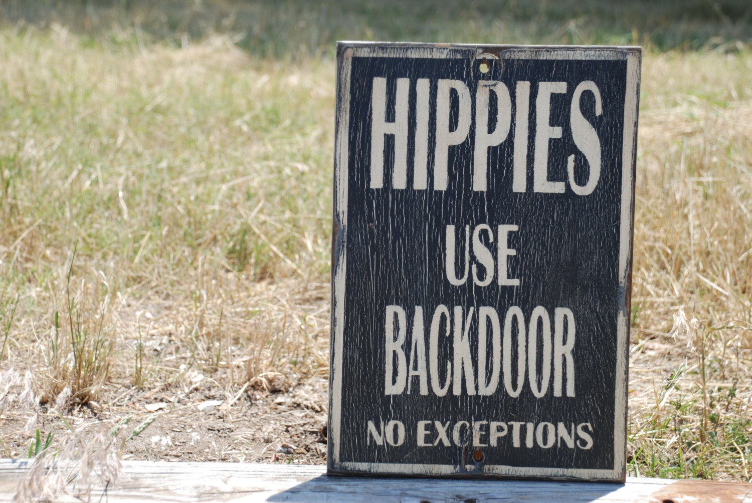 Wooden hand painted sign Hippies use back door sign made from reclaimed plywood