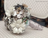 Brooch Bouquet - Custom Medium Modern Domed Jewelry Bouquet - Silver, Grey and White