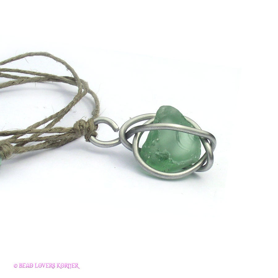 Caged Green Beach Glass Hemp Cord Necklace