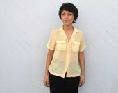 1980s vintage yellow blouse - short sleeves - button down - semi-sheer - small / medium