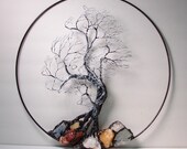 Wire Tree Of Life Black and White Wind Spirit sculpture with natural Calcites, original Art  14 " wall hanging decor
