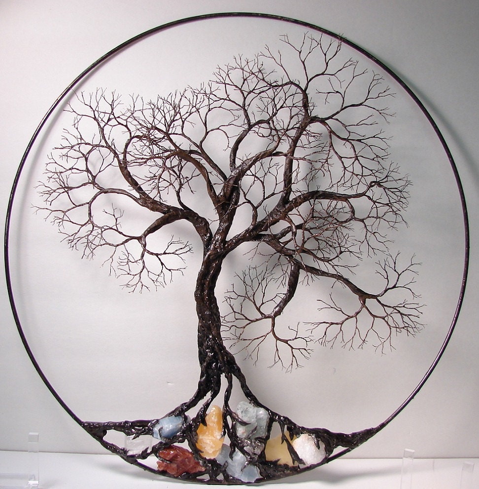 Wire Tree Of Life Ancient Spirit sculpture with natural Calcites, original Art 16" wall hanging decor