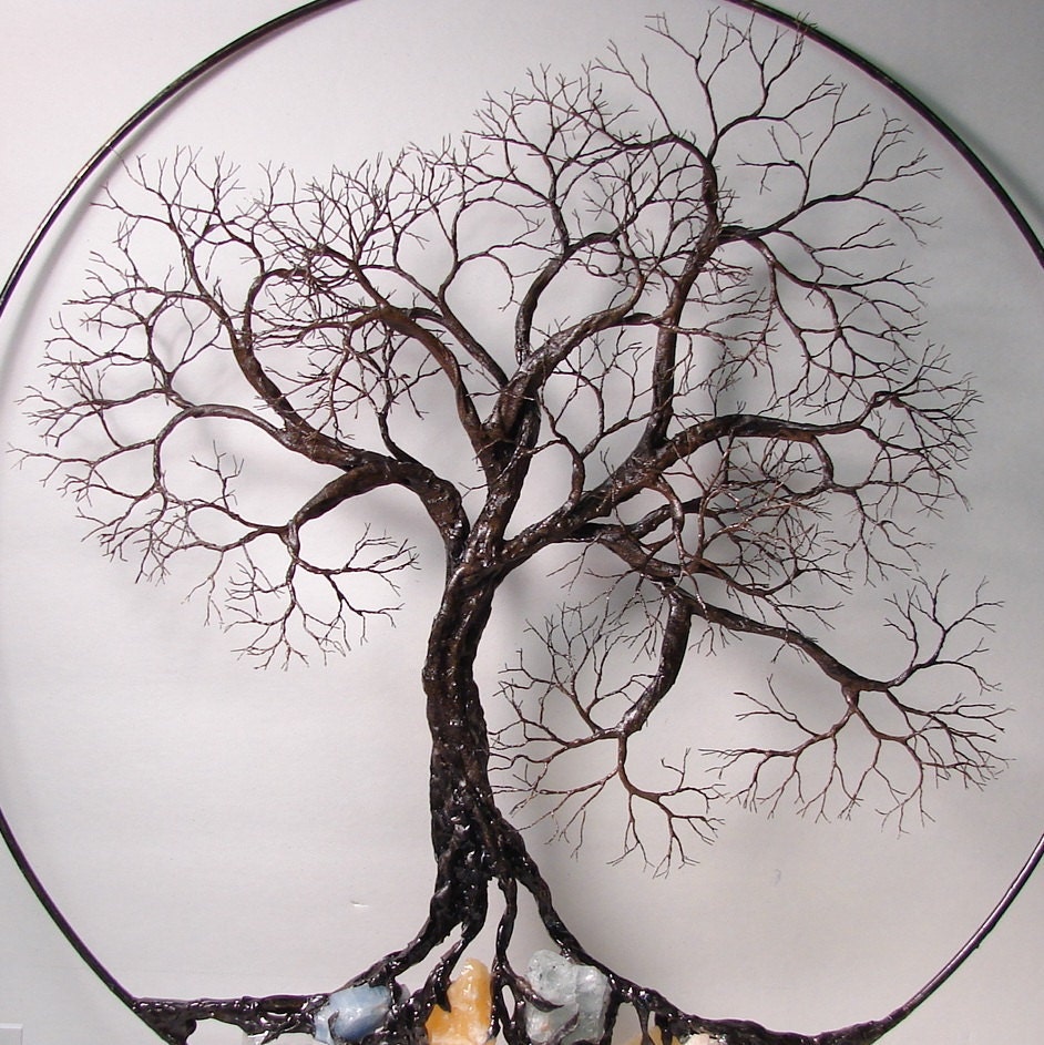 Wire Tree Of Life Ancient Spirit sculpture with natural Calcites, original Art 16" wall hanging decor