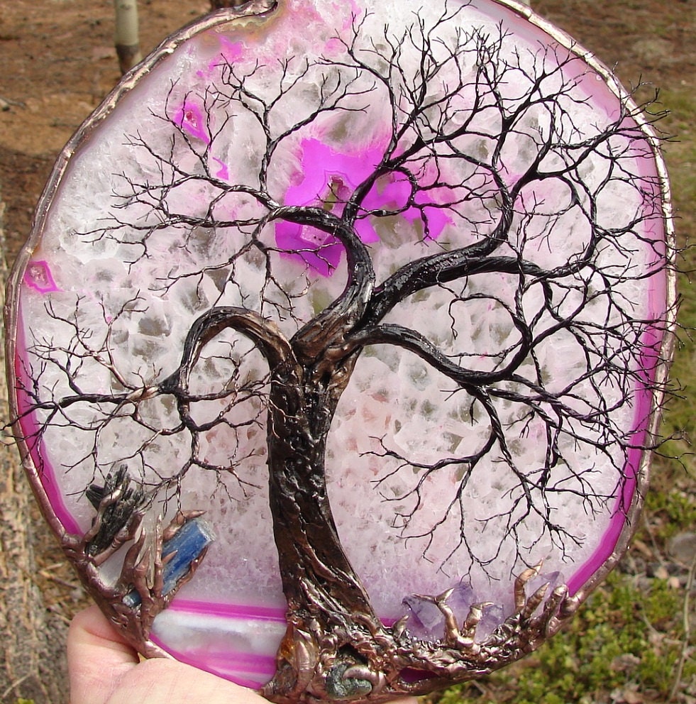 Pink Brazil Geode Agate slice wire Tree Of Life Ancient Spirit sculpture Drusy Crystal, Amethyst Crystals, Gemstones, LAMP, original Art 9A
