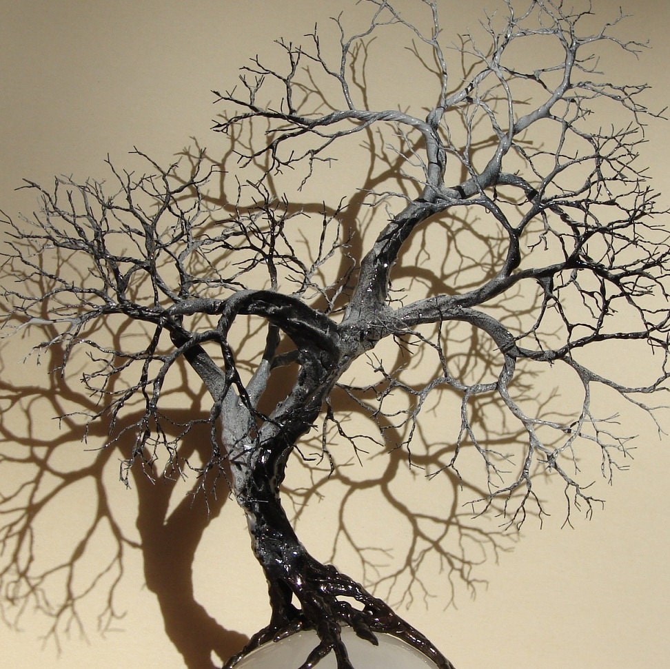 Full Moon rising Wire Tree Of Life Ancient Spirit sculpture on natural silky White Selenite Sphere with Gemstones Lamp, original art