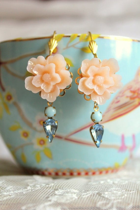 Peach aqua and blue Earrings shabby chic vintage style