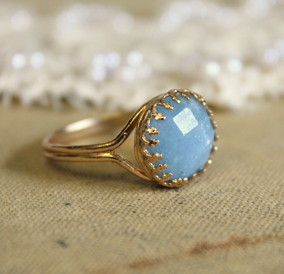 Aquamarine crowen- stunning elegant 14K GF ring with real Aqua marine gem stone