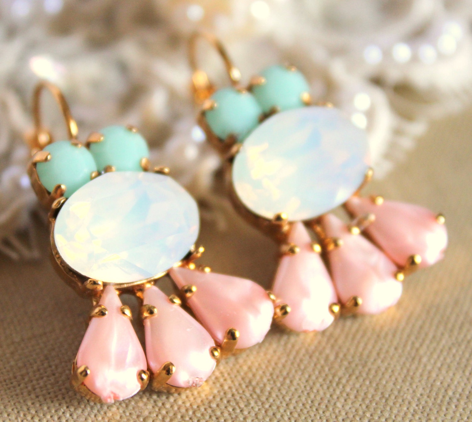Crystal aqua mint opal pink earring - 14k plated gold  earrings real swarovski opal and mint aqua  pink rhinestones .
