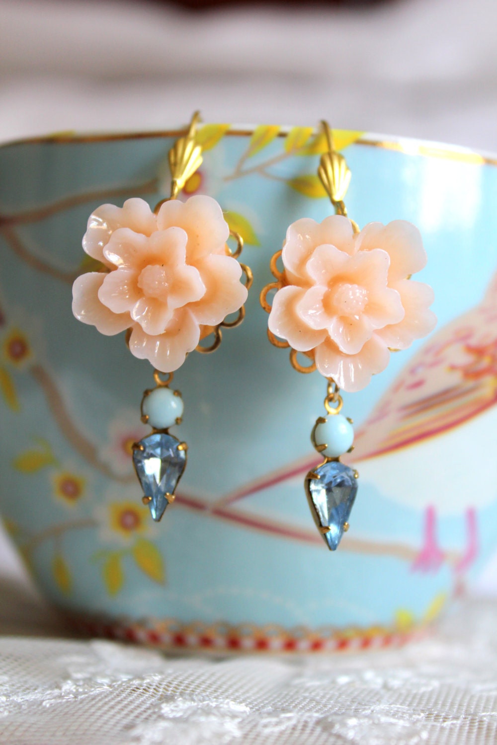 Peach aqua and blue Earrings shabby chic vintage style