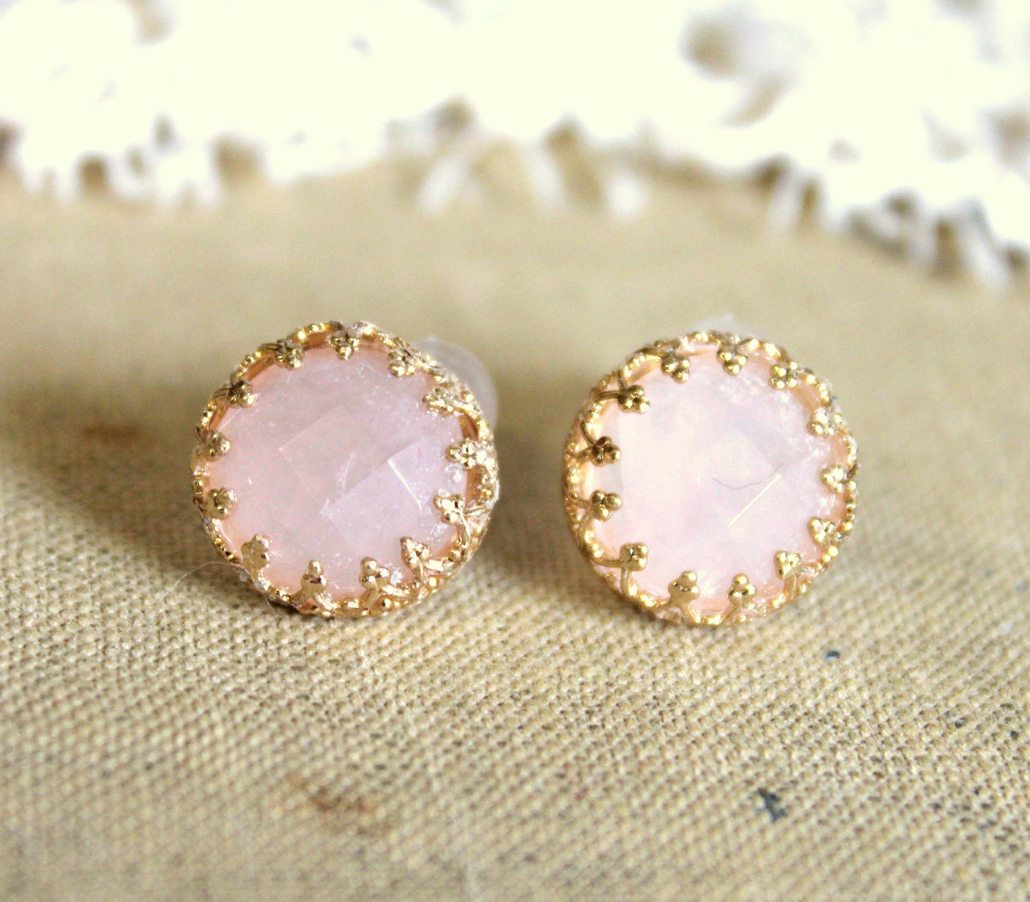 Elizabeth in pink - Real Rose quartz gem stone Earrings vintage and Elegant style
