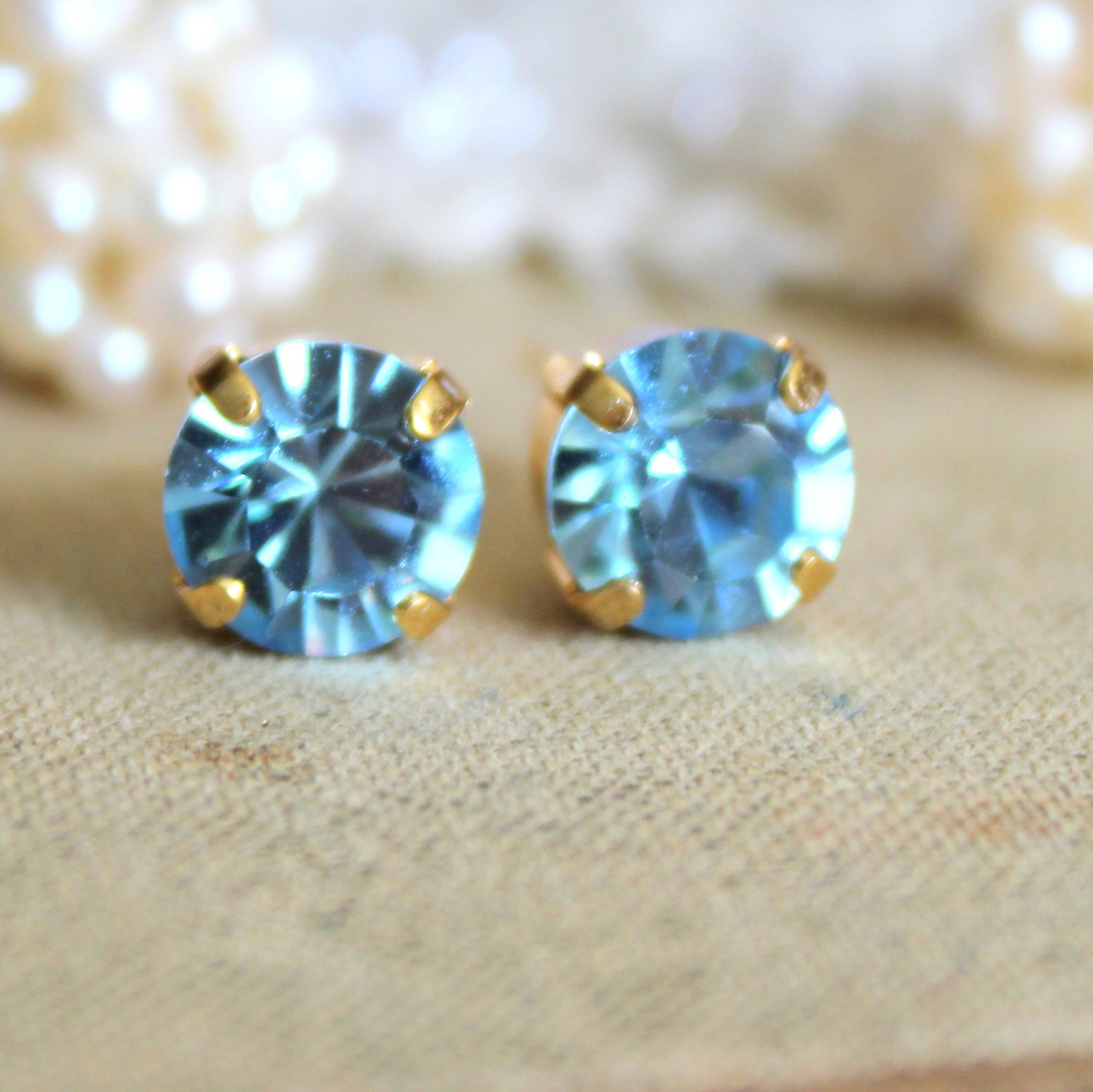 Blue and gold earrings - 14k gold plated earrings with real blue faceted swarovski rhinestone