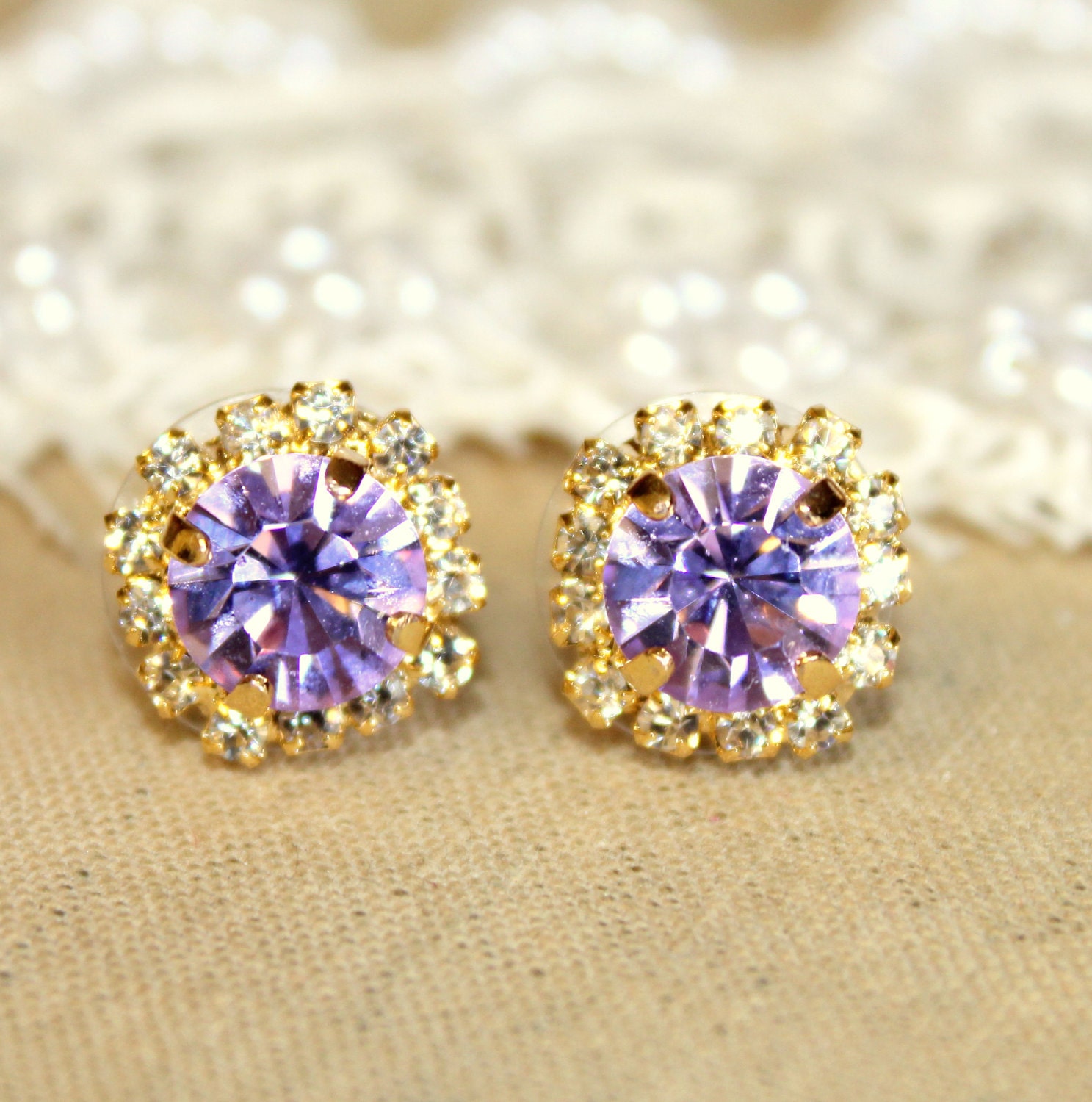 Crystal stud violet purple earring - 14k plated gold post earrings real swarovski rhinestones .