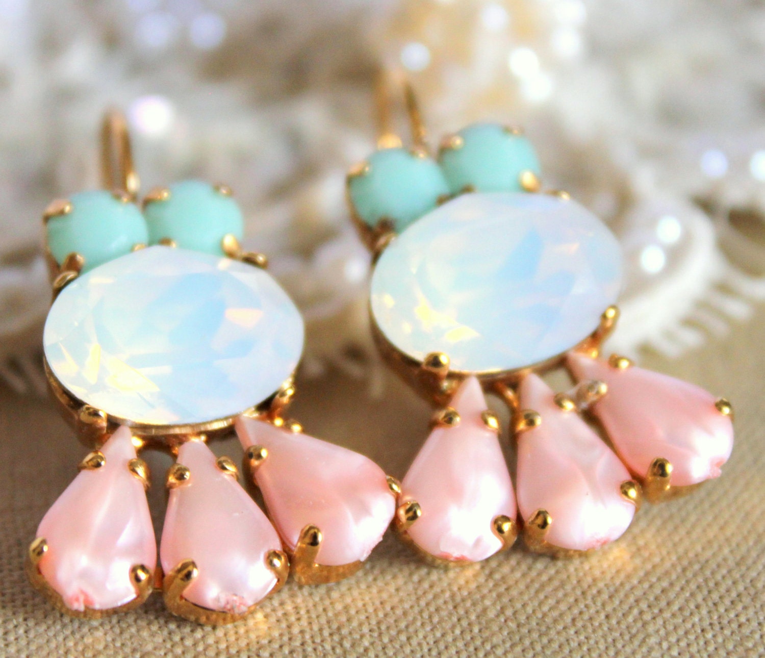 Crystal aqua mint opal pink earring - 14k plated gold  earrings real swarovski opal and mint aqua  pink rhinestones .