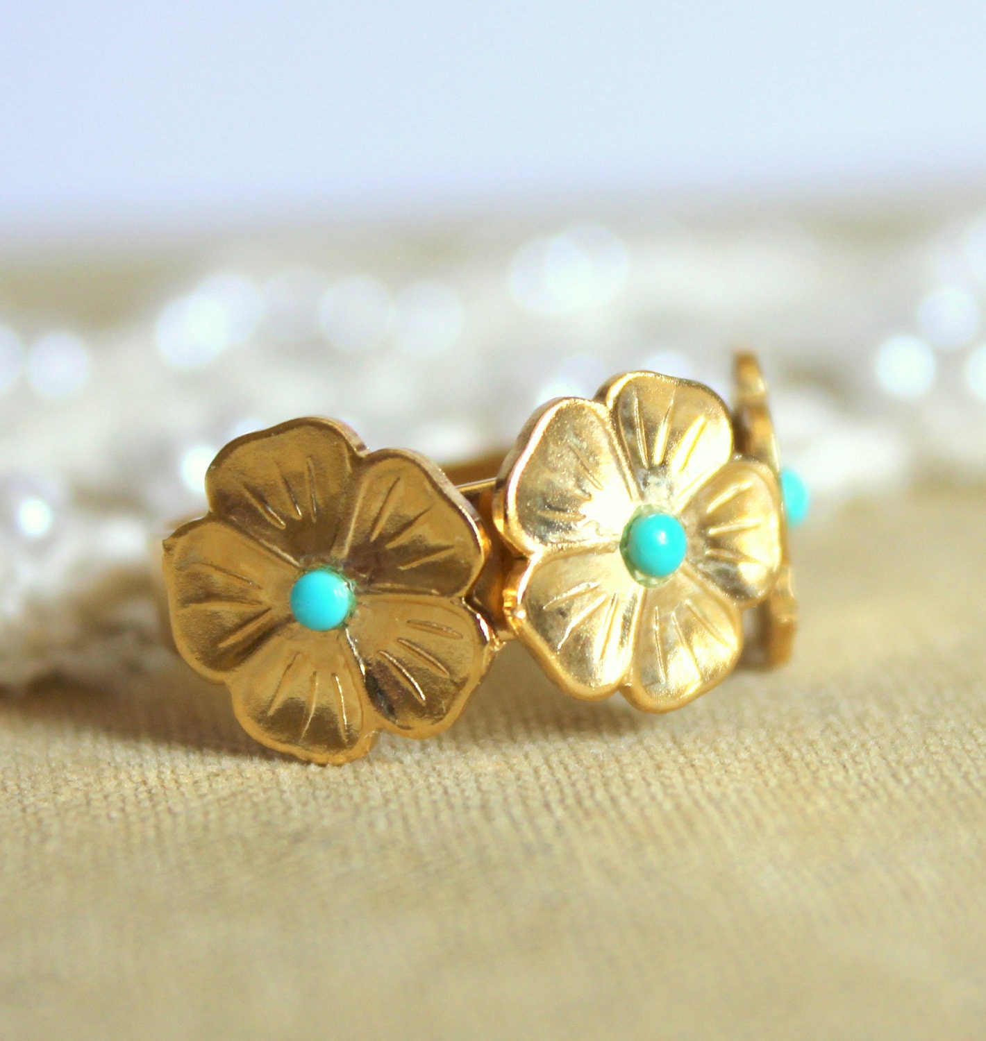 Turquoise flower ring - victorian shabby chuc style ring 18 k gold plated mate