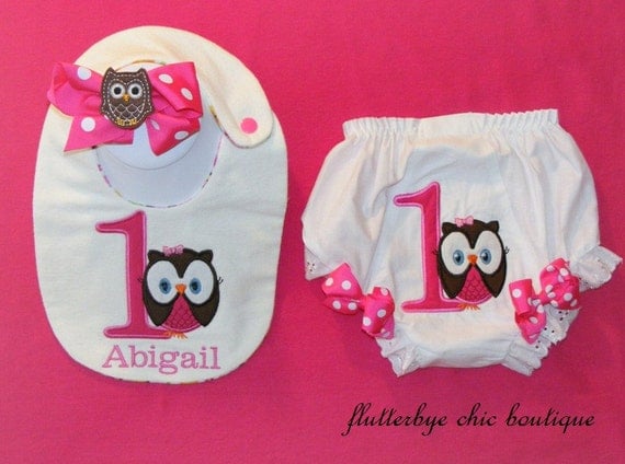 Owl Birthday Bib, bloomers diaper cover and matching bow set