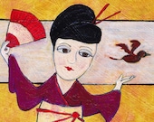Geisha Bird Original Painting: 'Release' - 7 x 5 inches Fun Art piece