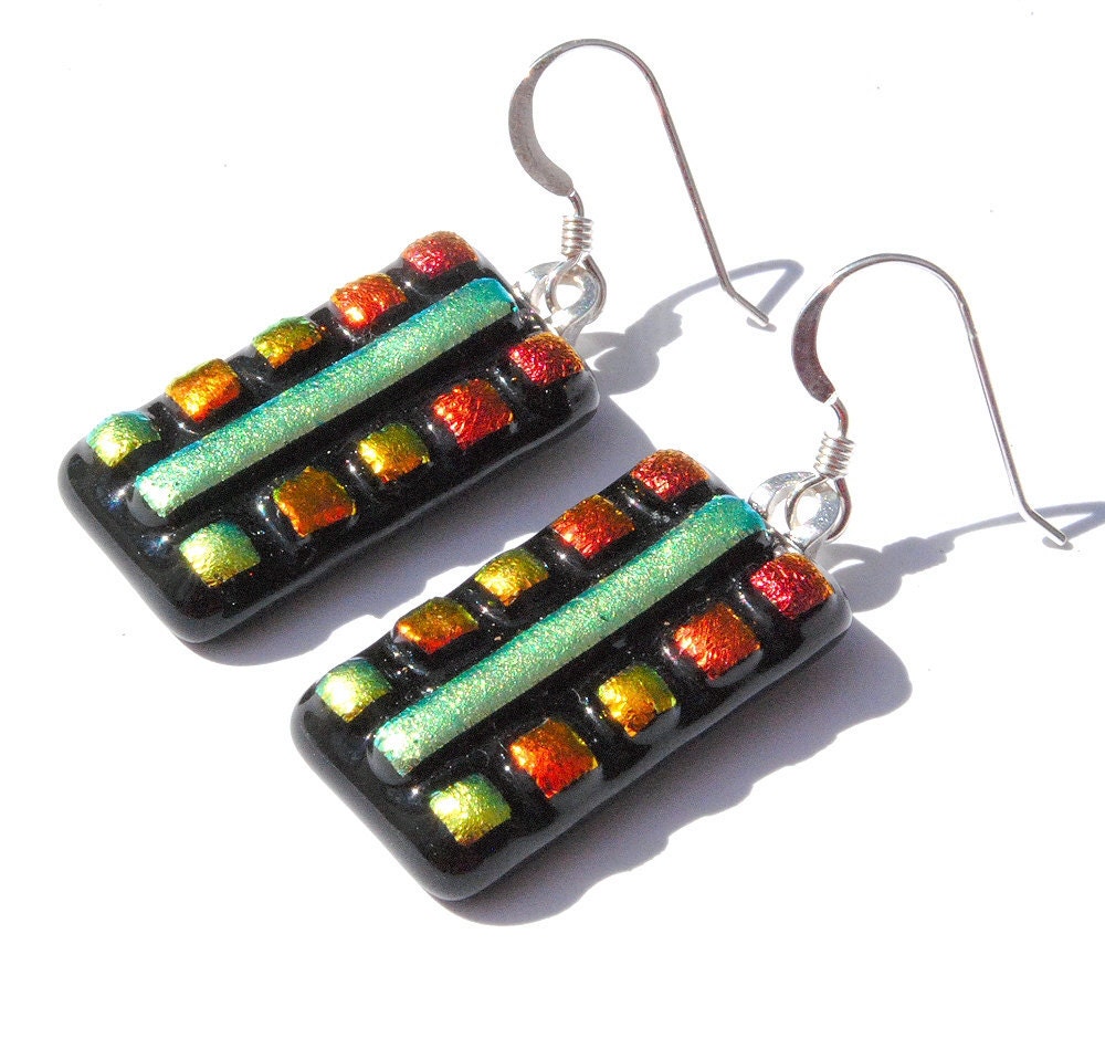 Mosaic Aztec Tribal Fused Glass Earrings, Fused Glass Jewelry, Dichroic Glass, Multicolored Black Dangle Colorful Southwest (Item 30171-E) - IntoTheLight