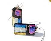 Dichroic Earrings, Fused Glass Jewelry, Rectangle, Banner, High Fashion, Gold, Silver, Blue, Purple, Black (Item 30337-E)
