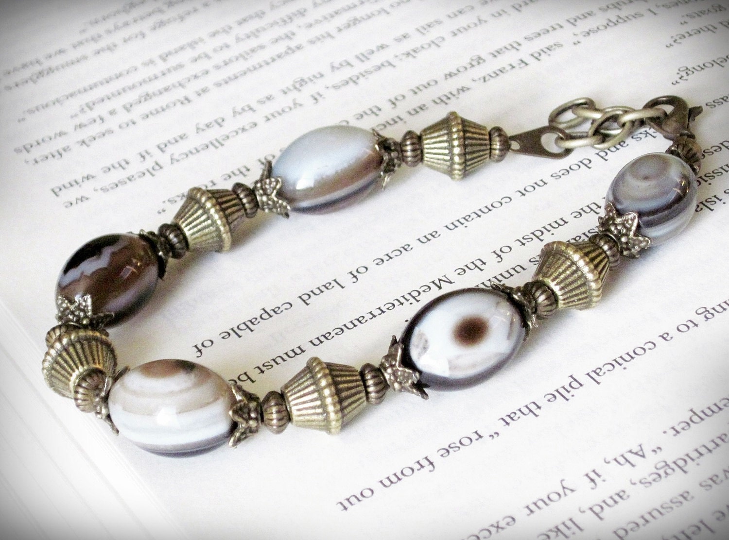 Bracelet, Victorian Inspired, in Brown Gray and Cream Agate Stone and Antiqued Brass