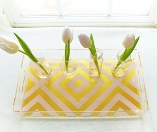 Lucite Serving Tray - Large - Diamond Stripe Blush/Gold