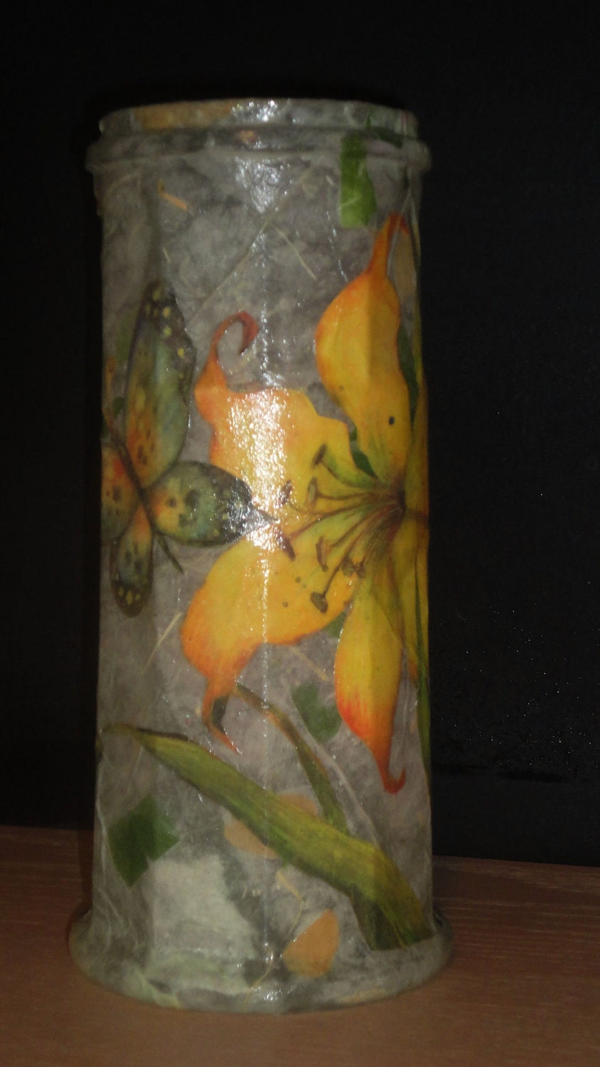 Vase or LED Candle holder Fall Amber Floral Decoupaged Mulberry Paper