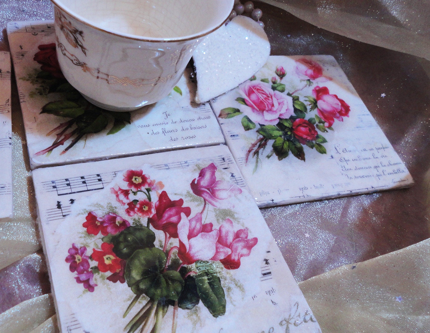 Coasters 4 French Vintage Floral Postcards Sheet Music Free Shipping