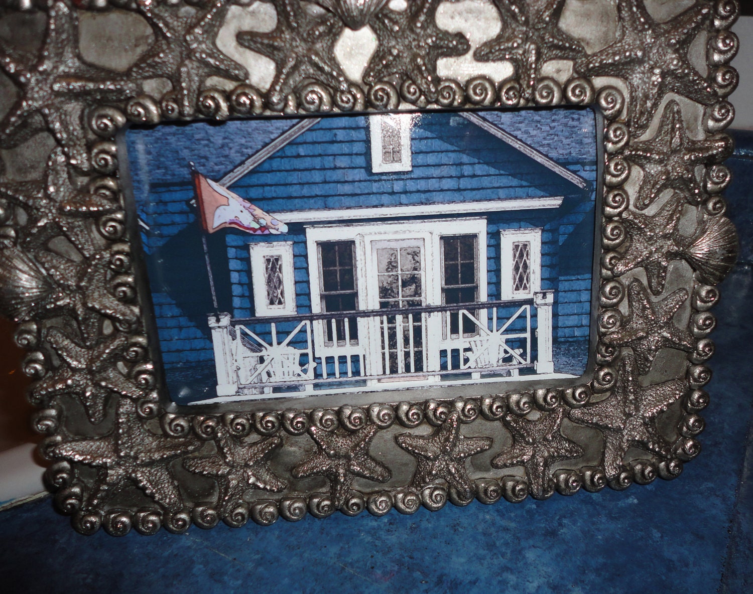 Framed Art Watercolor Beach House Slate Blue in Nautical Gunmetal Frame