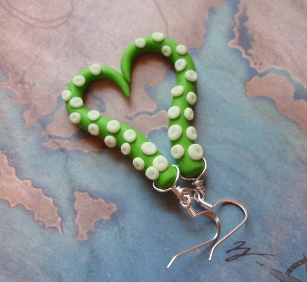 Lime Green and Glow in the Dark Polyclay Tentacle Earrings