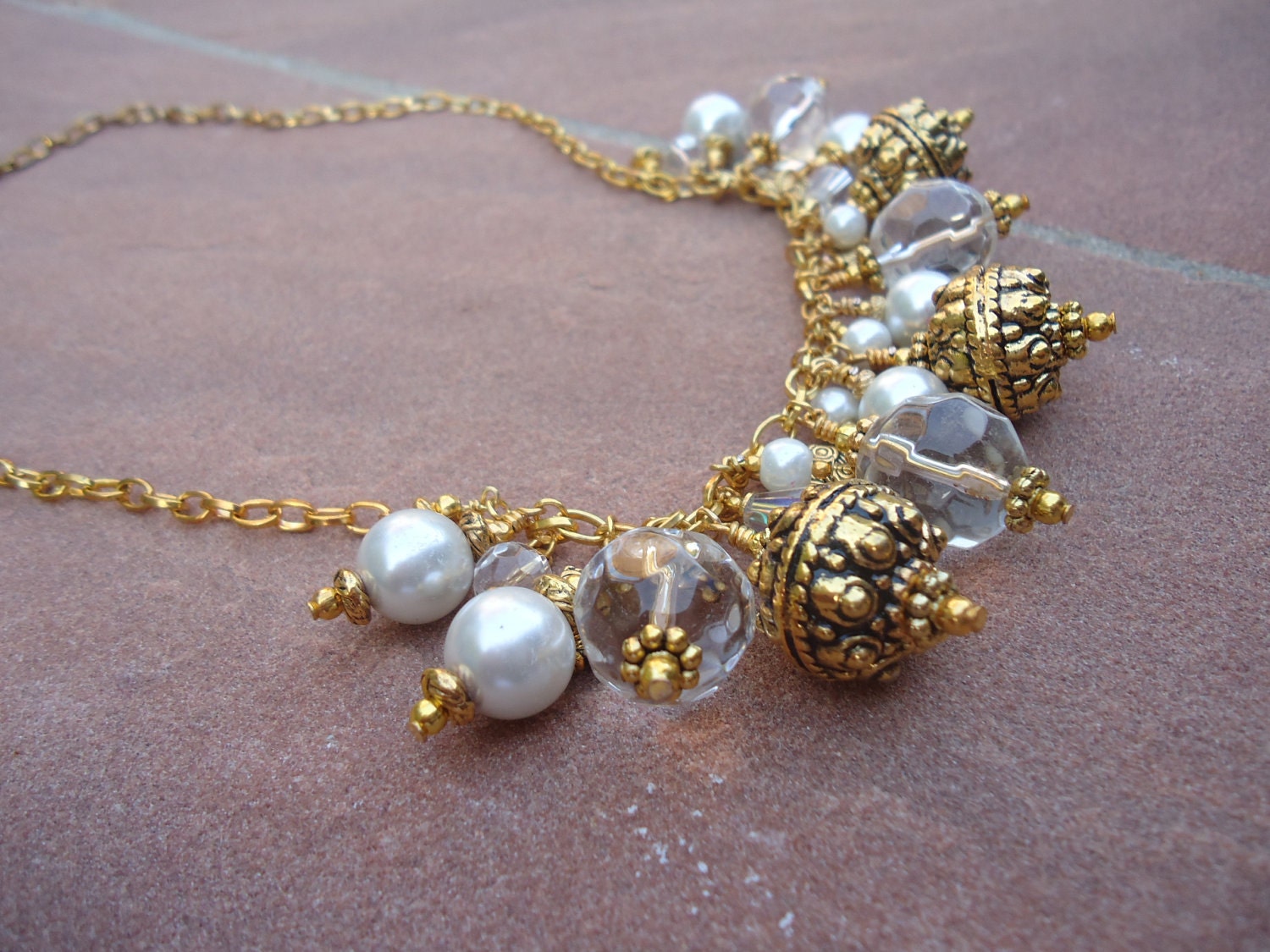 Pearl Cluster Necklace Yellow Gold Jewelry Wedding Necklace N-1