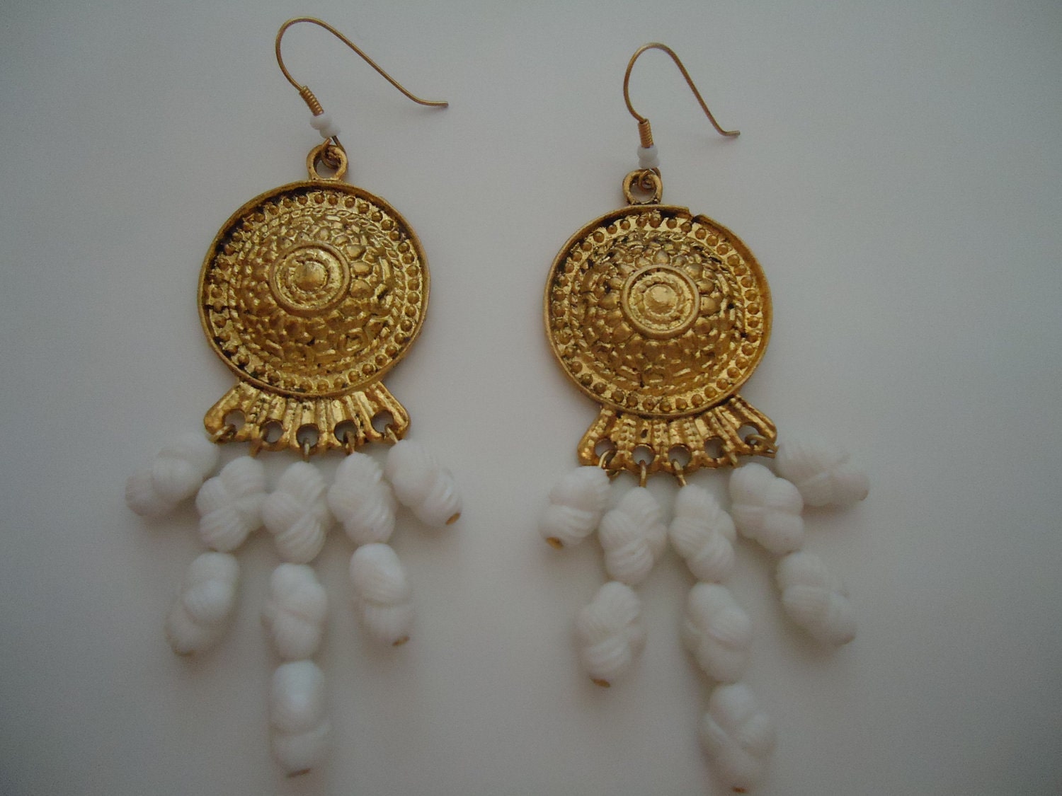 White & Gold Chandelier Earrings Gypsy Yellow Gold Jewelry Unique Handcrafted Jewellery Gift Ideas for Her Chunky