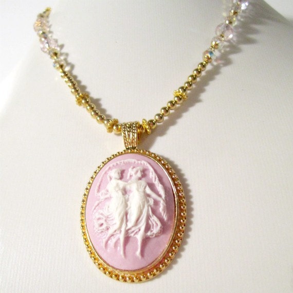 Mother Daughter Cameo Necklace Gold Jewelry Beaded Jewellery Lavender Pendant Unique Handcrafted Yellow Gold Friends Sisters Profile Lilac