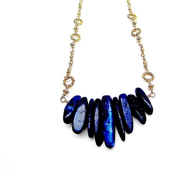Lapis Necklace Gold Jewelry Navy Blue Jewellery Gemstone Chevron Fancy Chain Point Arrow Stick Beads Unique Fashion