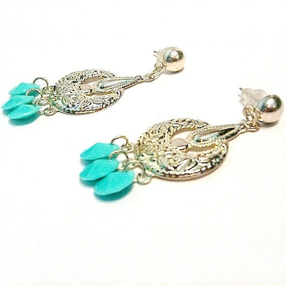 Turquoise Earrings Silver Jewelry Chandelier Earrings Dangle Pierced Gift under 10 Everyday Summer Fashion Aqua Teal