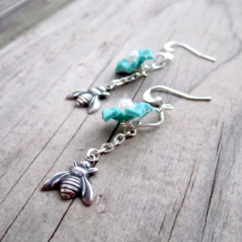 Reserved listing for db007:  Turquoise Earrings Silver Jewelry Flower Jewellery Honey Bee Pearl