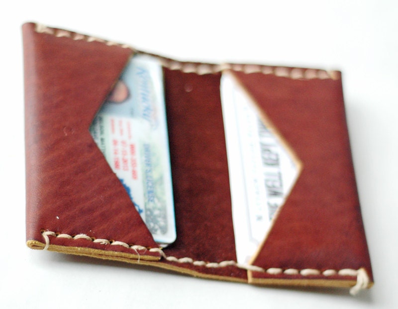 Red-Brown leather bi-fold Minimal credit card wallet