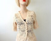 1970s Crochet Lace Top / Sand Colored Cardigan Sweater / Vintage Fashion