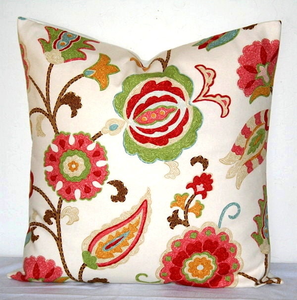 Jacobean White Red and Lime Green 18inch Decorative Pillows  Accent Pillow Throw Pillow Cushion Cover