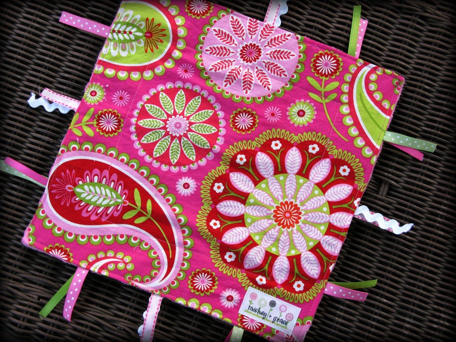Ribbon Sensory Lovey/ Tag Blanket in Pink and Green Paisley with Pink Minky/ Pillow and Maxfield Paisley/ Baby Girl Gift
