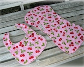 Baby Girl Bib and Burpie in Pink and Red Cheery Cherry/ Pink Minky. Baby Shower Gift Set