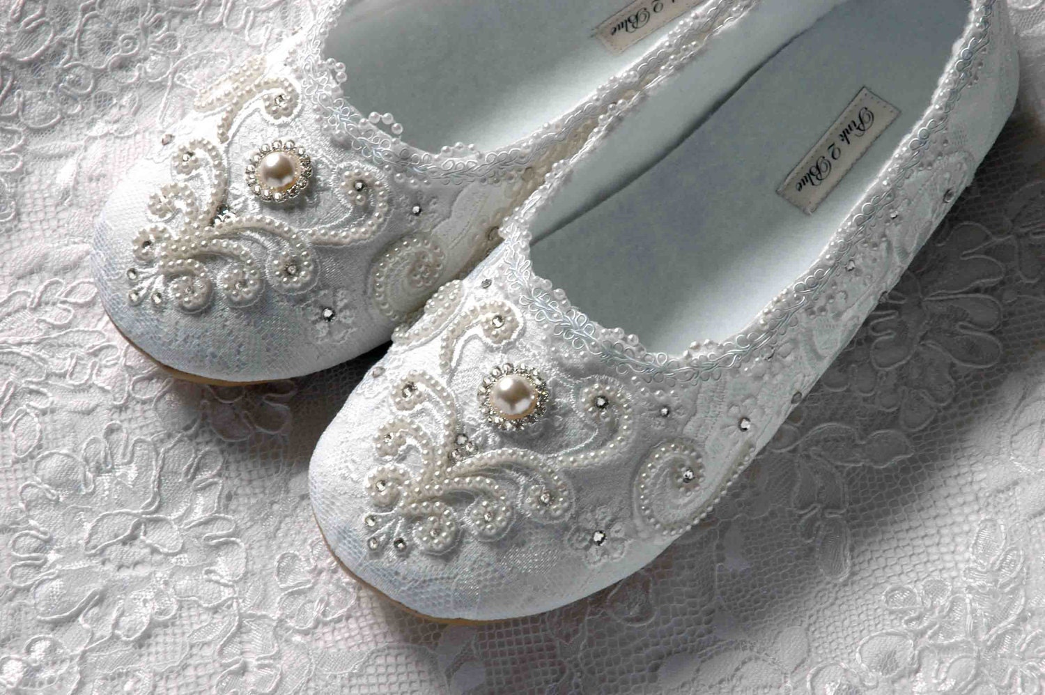 Wedding Shoes - Rachel Bridal Ballet Flat, Vintage Lace, Swarovski Crystals, Pearls, Custom Made Women's Wedding Flats, by Pink2Blue