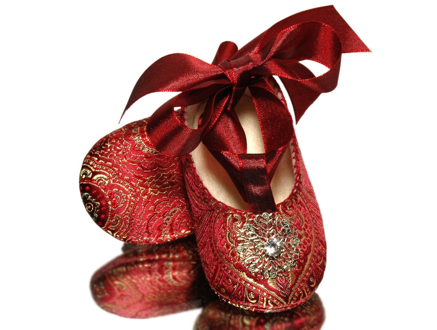Baby Girl Giselle Shoe, Red Brocade /Slipper/Bootie. Pageant, Wedding, Flower Girl, Baby Girl Shoes.